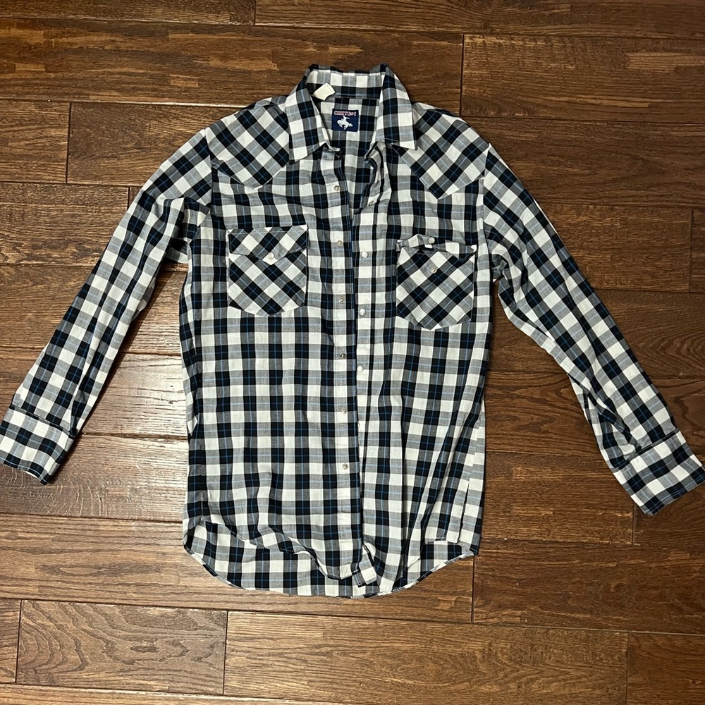 Men’s Black, White, & Blue Plaid Shirt